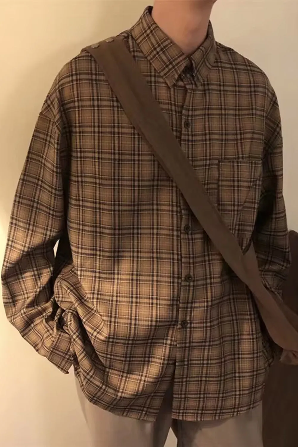 Long Sleeve Retro Coffee Color Plaid Men Shirt