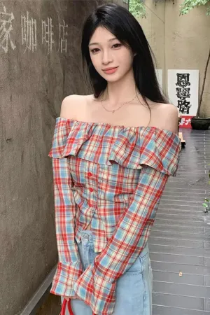 Long Sleeve Ruffles Off Shoulder Plaid Blouse Shirt