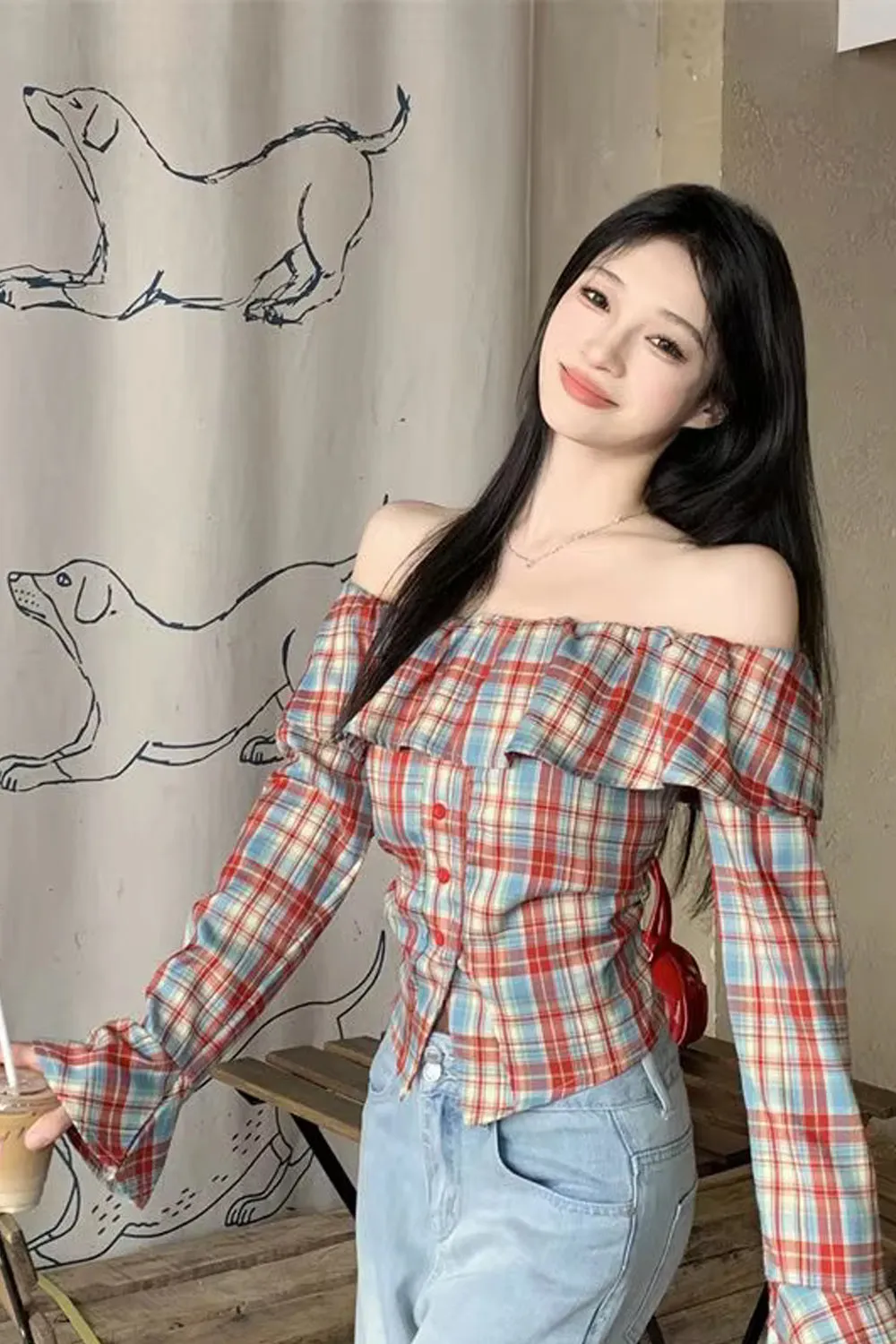Long Sleeve Ruffles Off Shoulder Plaid Blouse Shirt