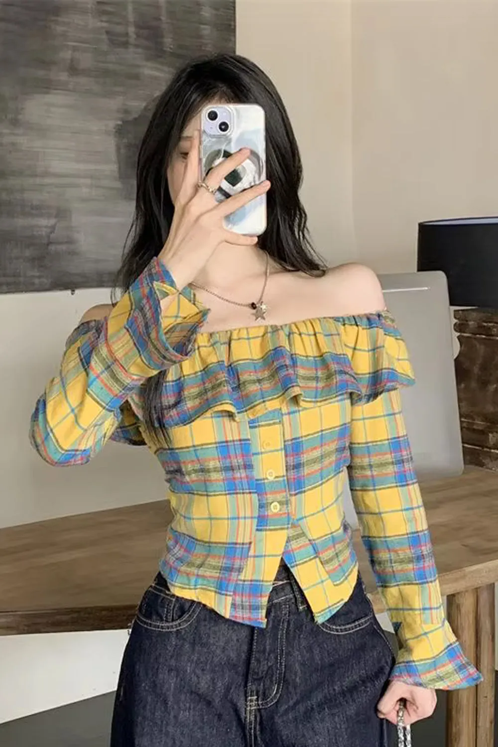 Long Sleeve Ruffles Off Shoulder Plaid Blouse Shirt
