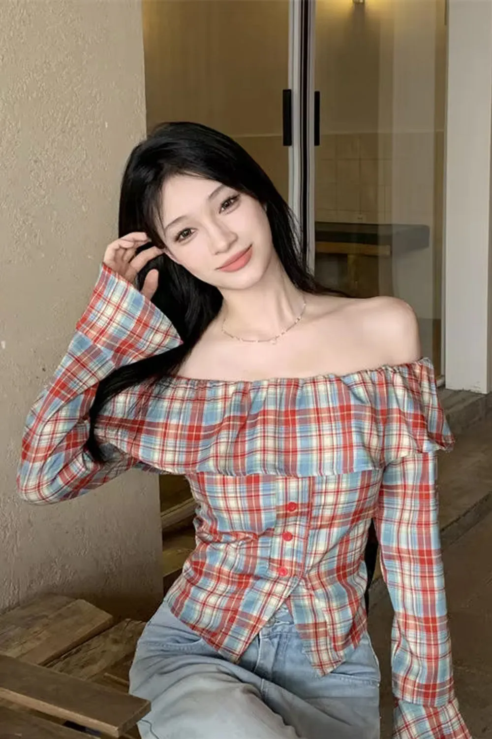 Long Sleeve Ruffles Off Shoulder Plaid Blouse Shirt