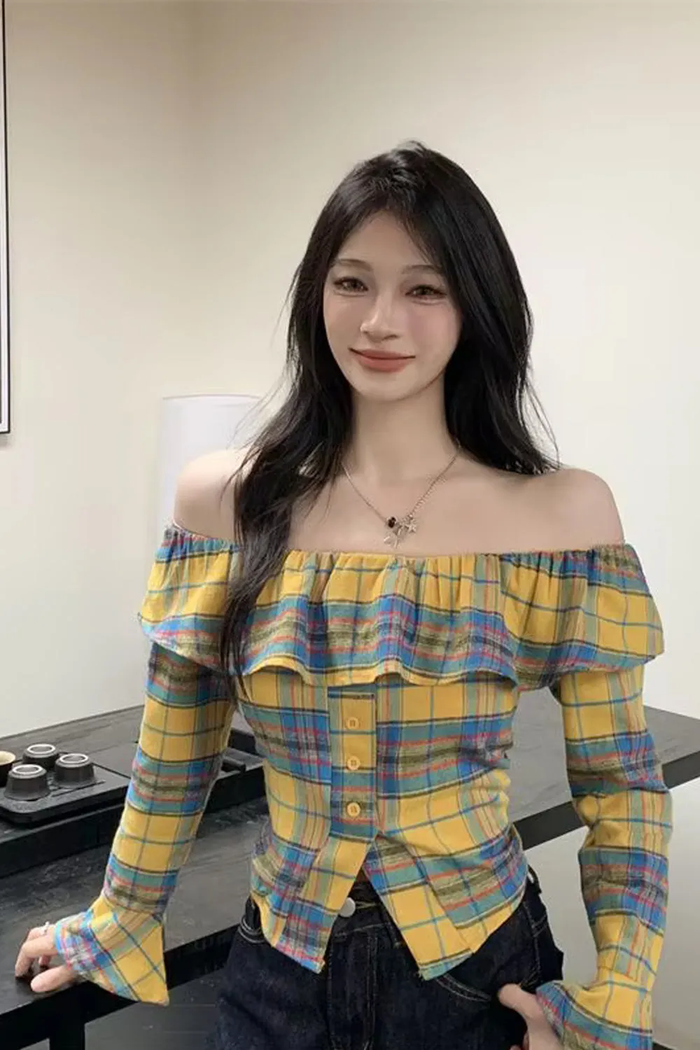 Long Sleeve Ruffles Off Shoulder Plaid Blouse Shirt