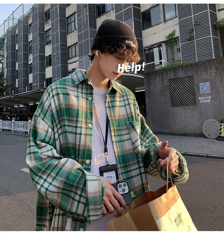 Long Sleeve Thickened Woolen Plaid Men Shirt