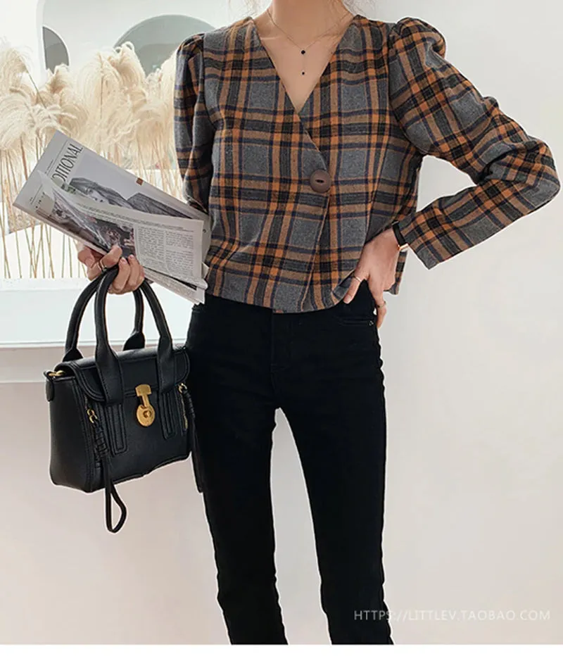 Long Sleeve V-Neck Plaid Elegant Blouse