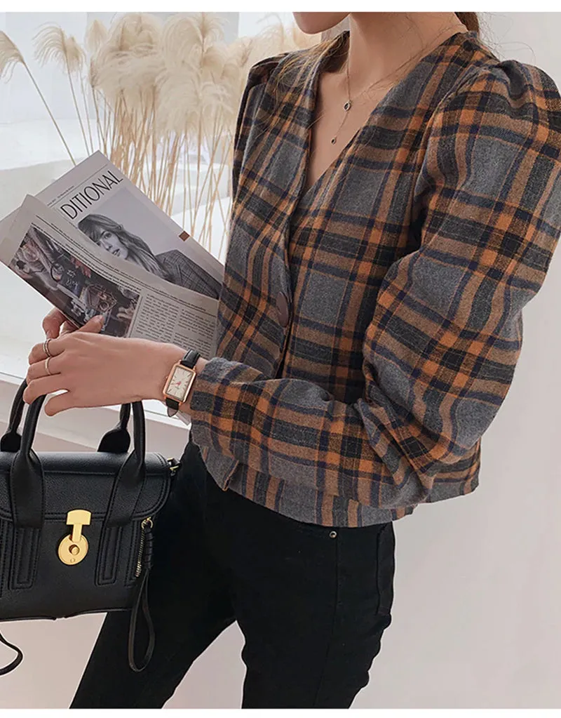 Long Sleeve V-Neck Plaid Elegant Blouse