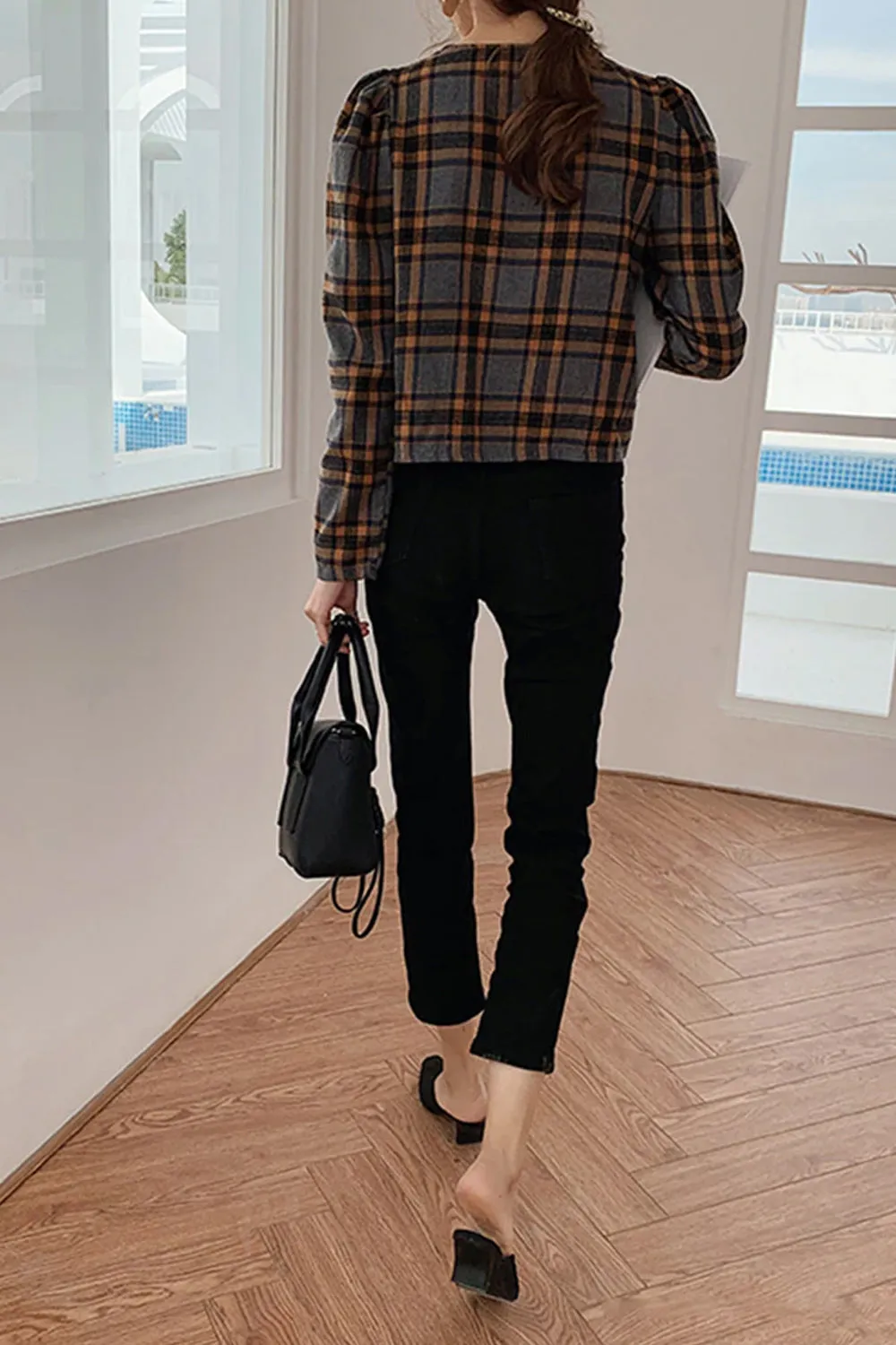 Long Sleeve V-Neck Plaid Elegant Blouse