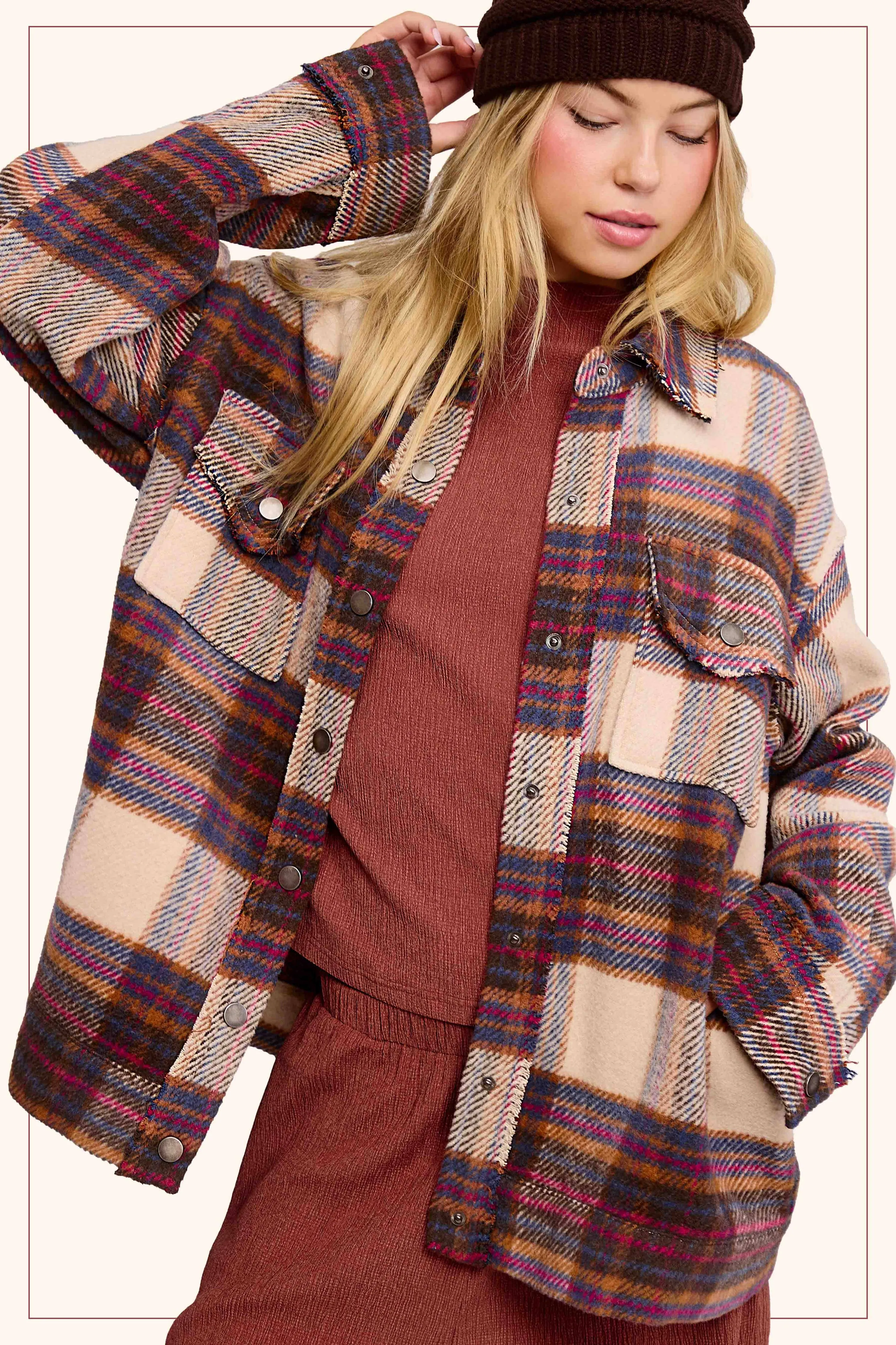 Loose Fit Plaid Button Down Shacket with Pockets