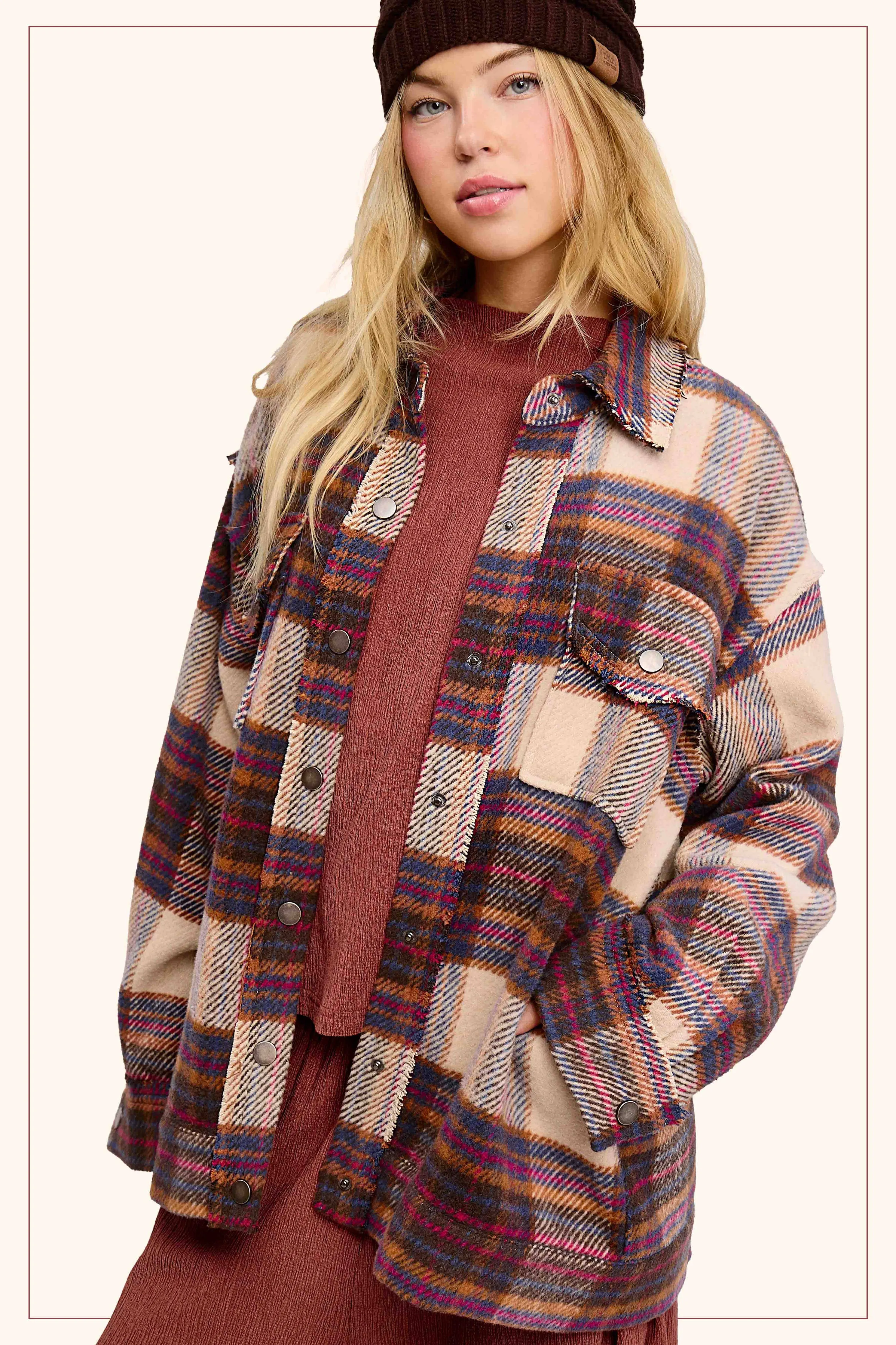 Loose Fit Plaid Button Down Shacket with Pockets