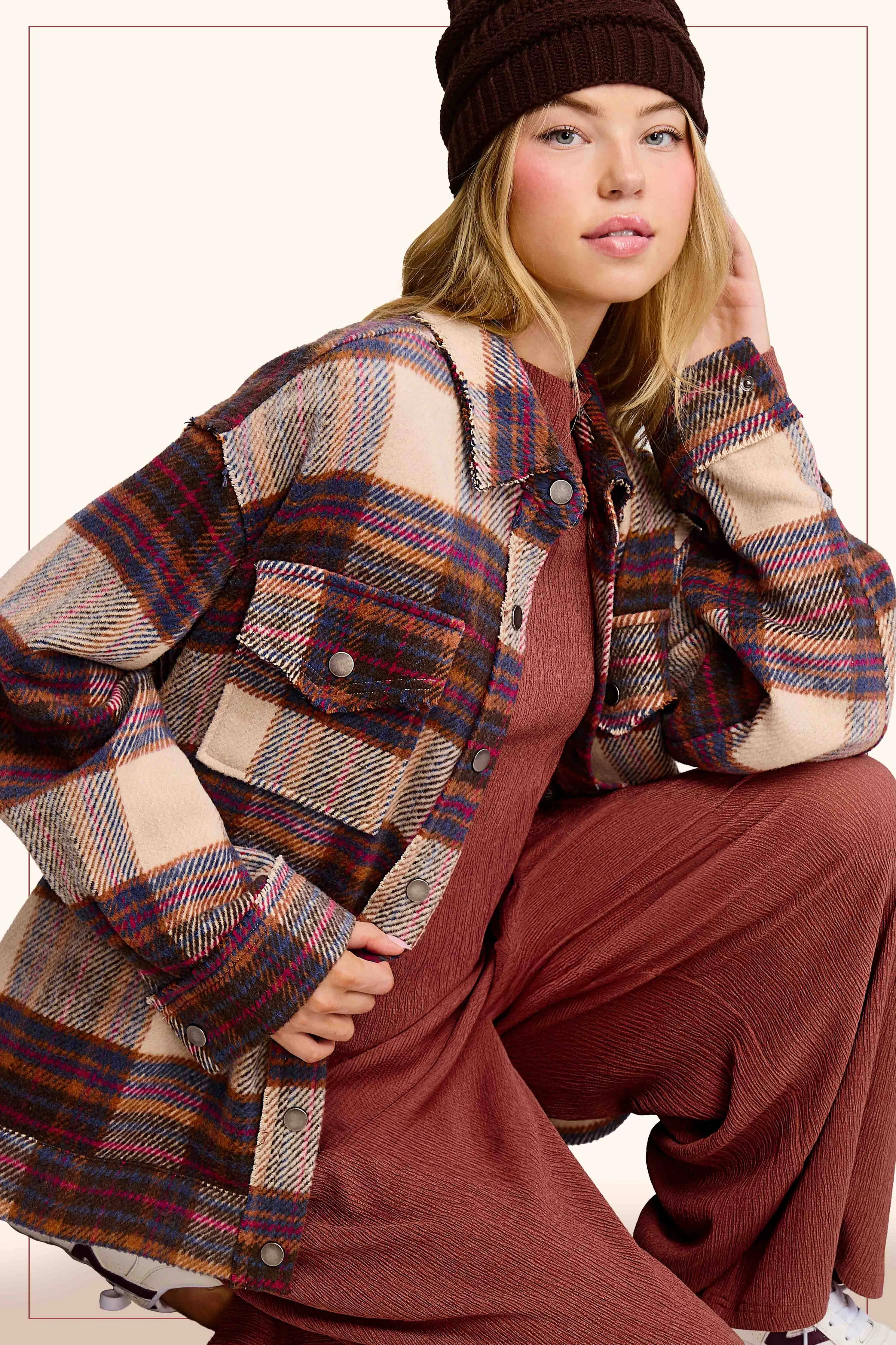 Loose Fit Plaid Button Down Shacket with Pockets