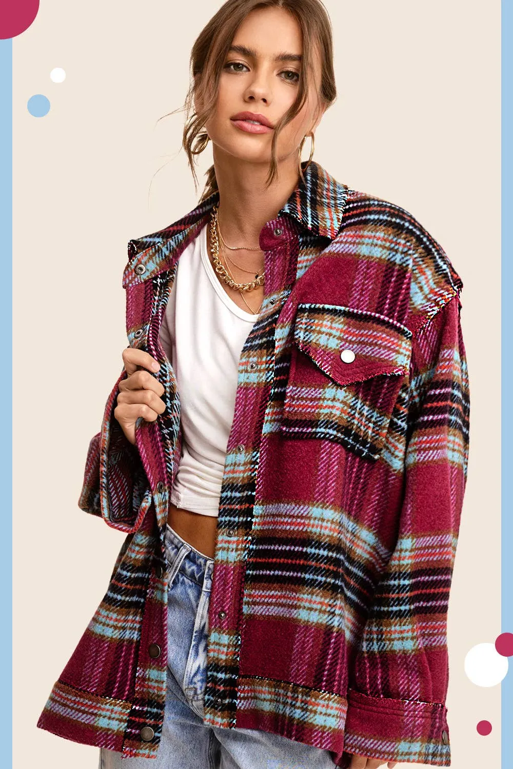 Loose Fit Plaid Button Down Shacket with Pockets
