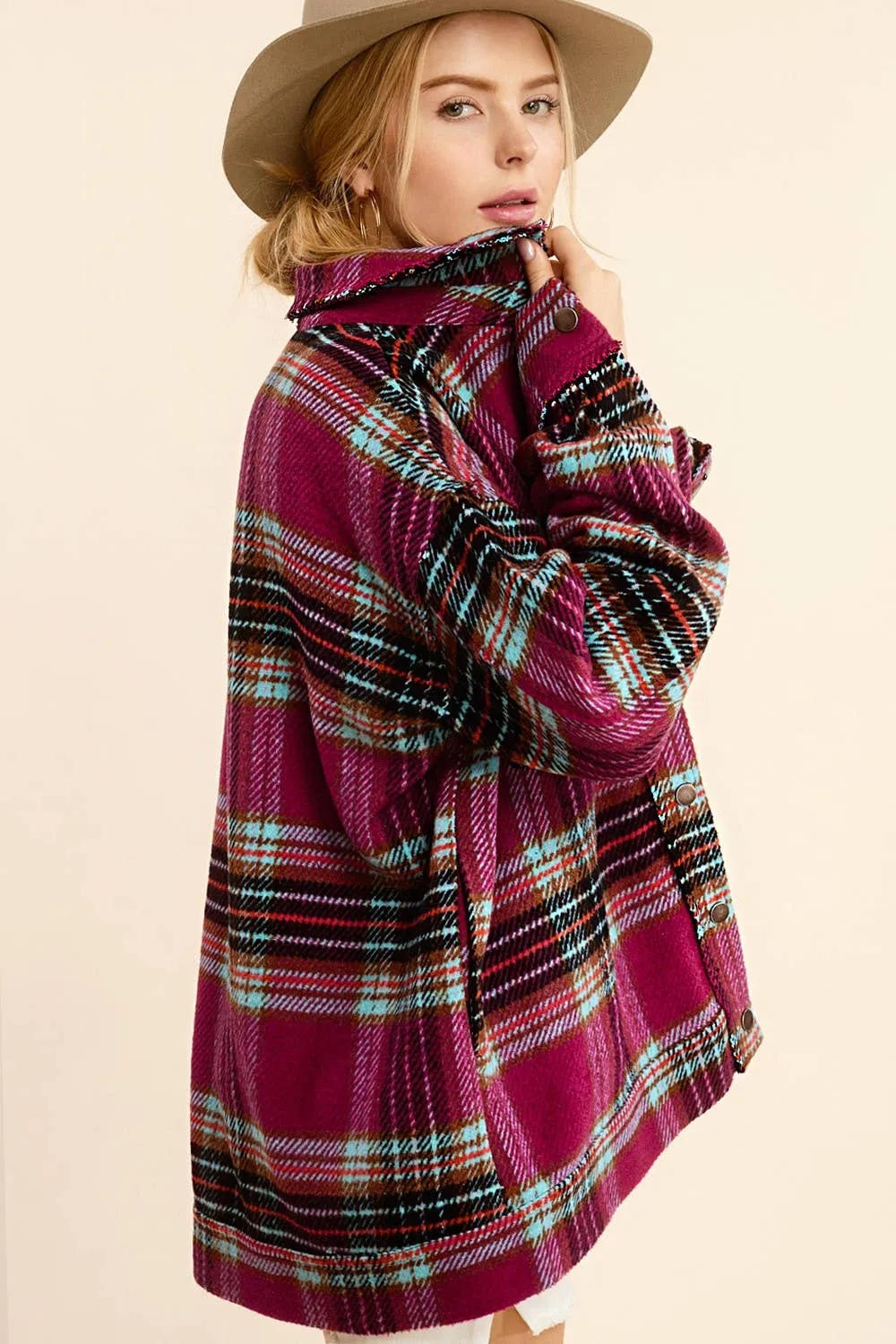 Loose Fit Plaid Button Down Shacket with Pockets