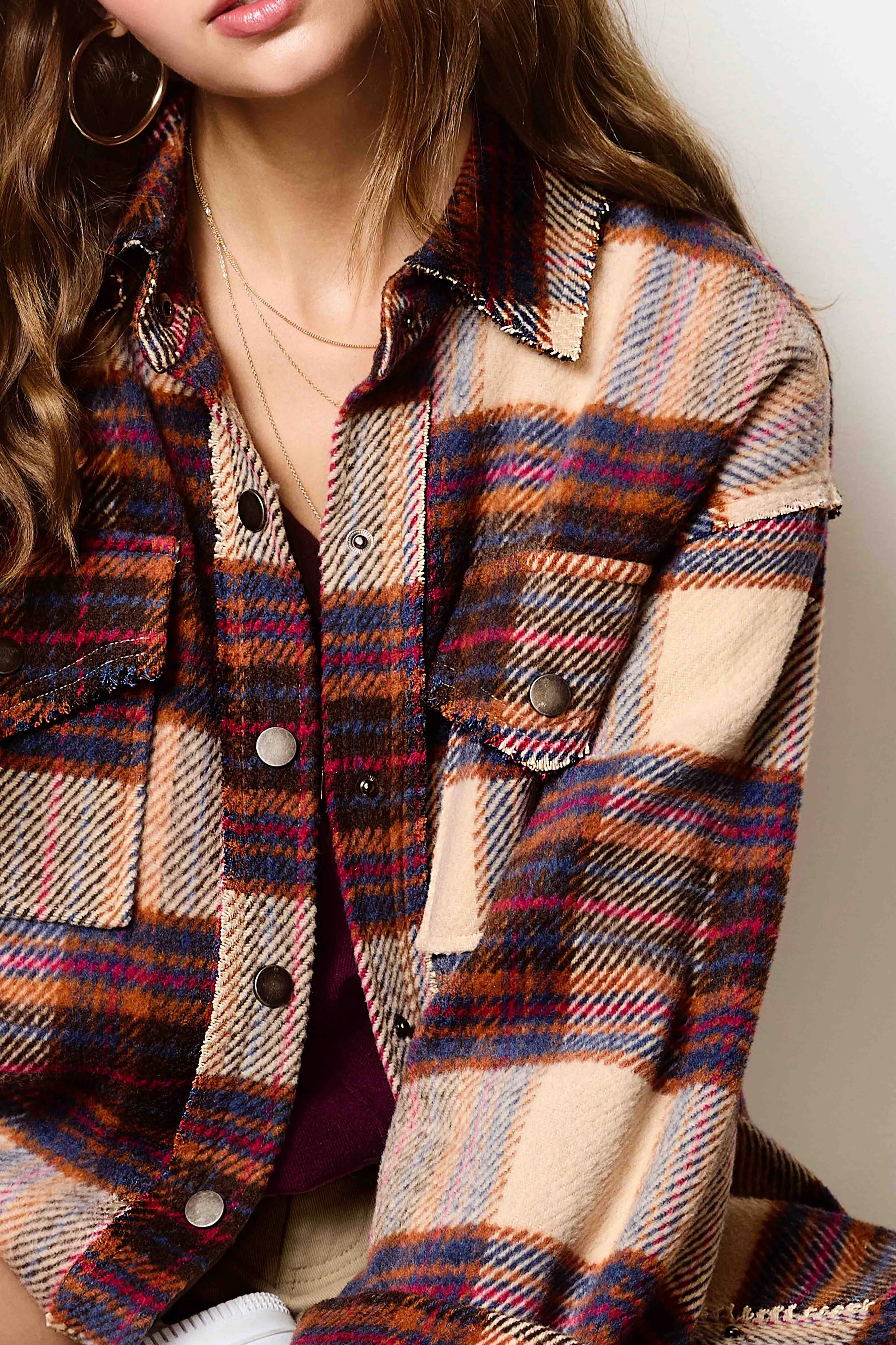 Loose Fit Plaid Button Down Shacket with Pockets