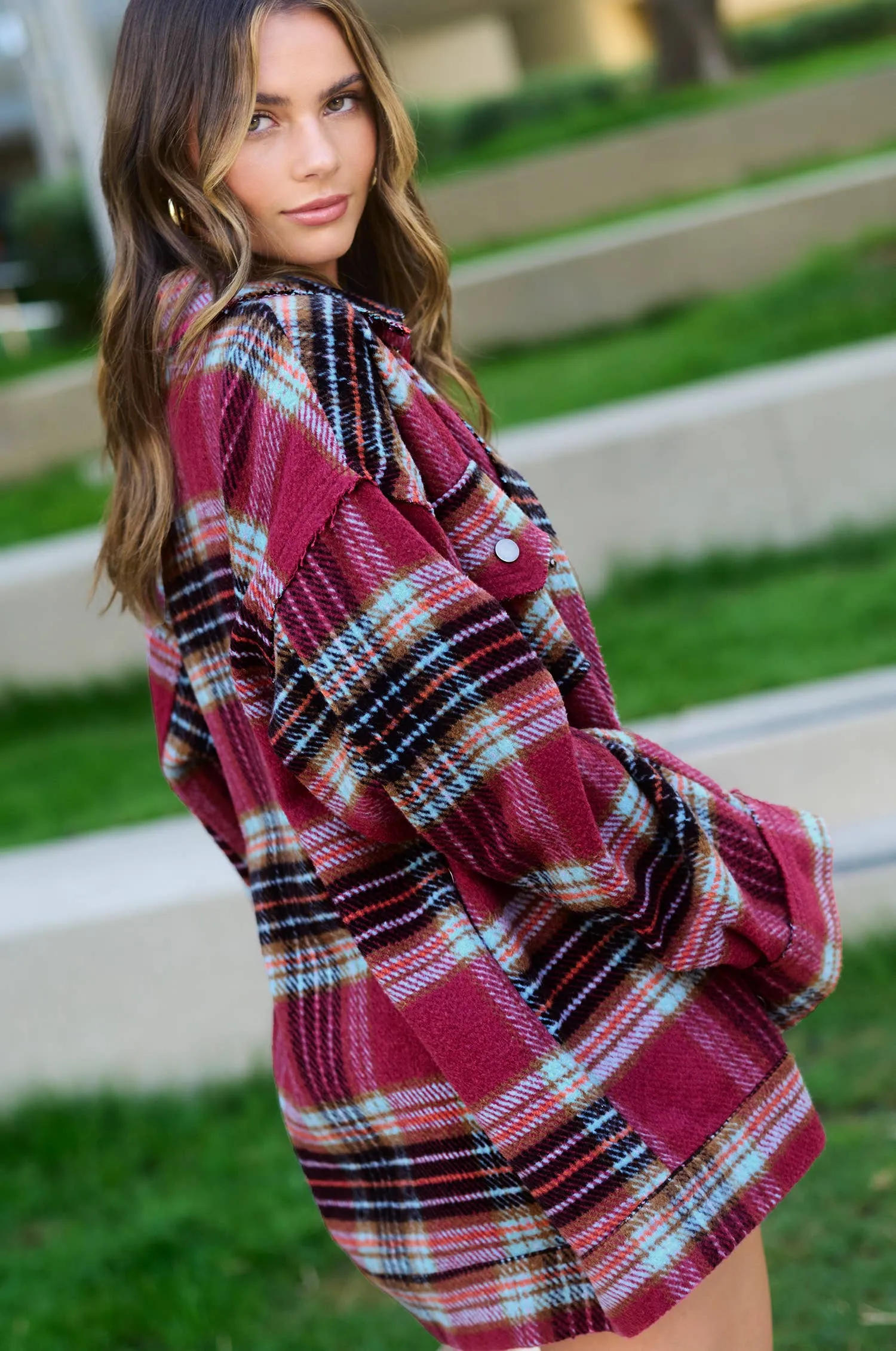 Loose Fit Plaid Button Down Shacket with Pockets