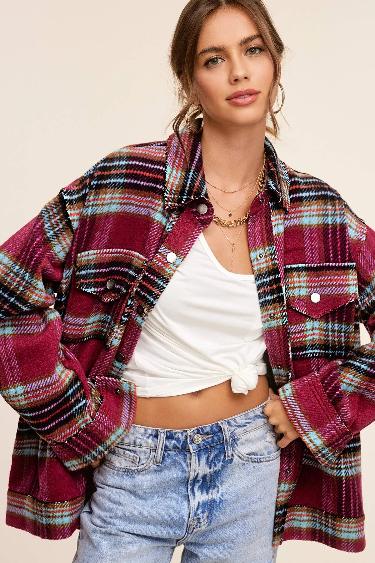 Loose Fit Plaid Button Down Shacket with Pockets