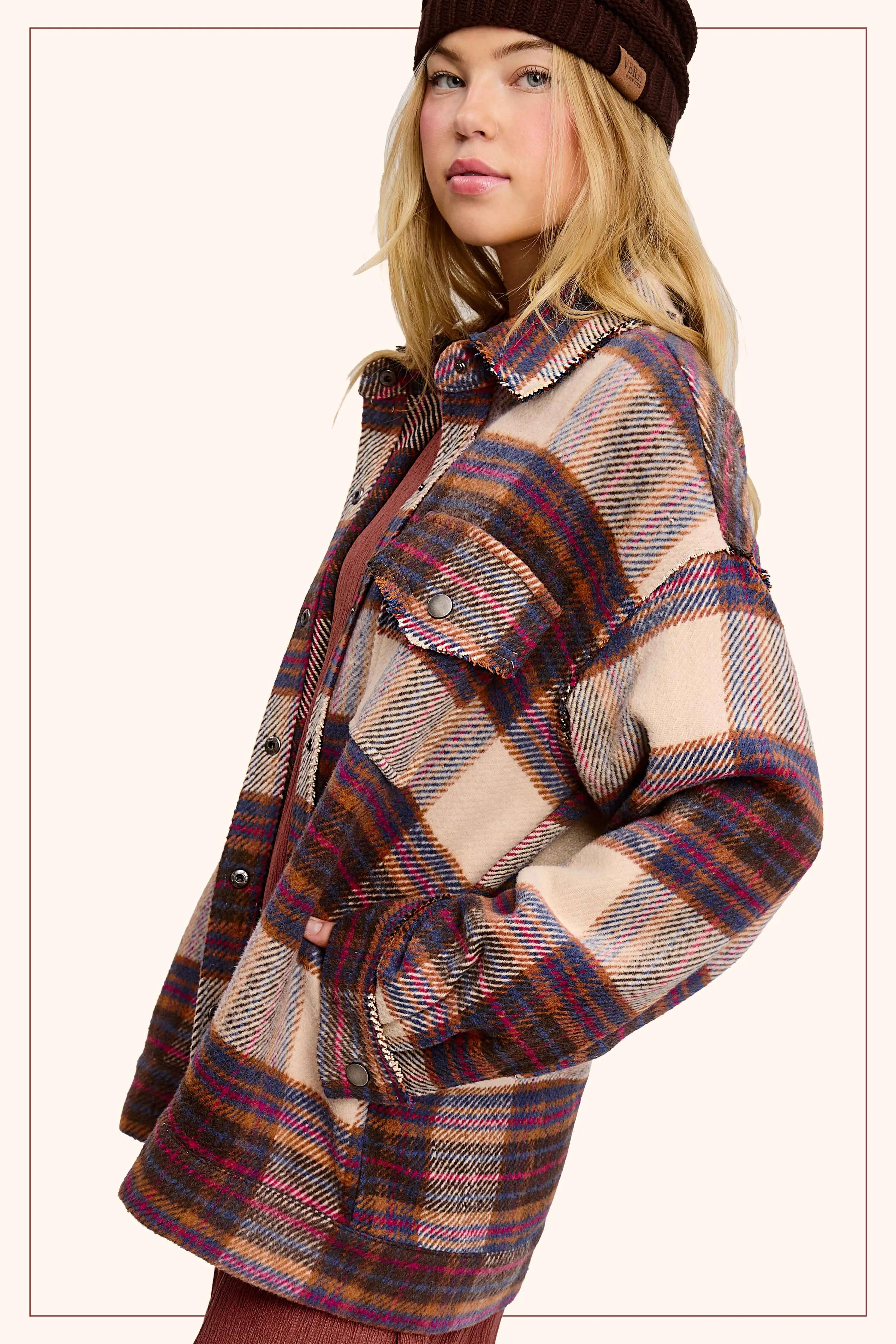 Loose Fit Plaid Button Down Shacket with Pockets