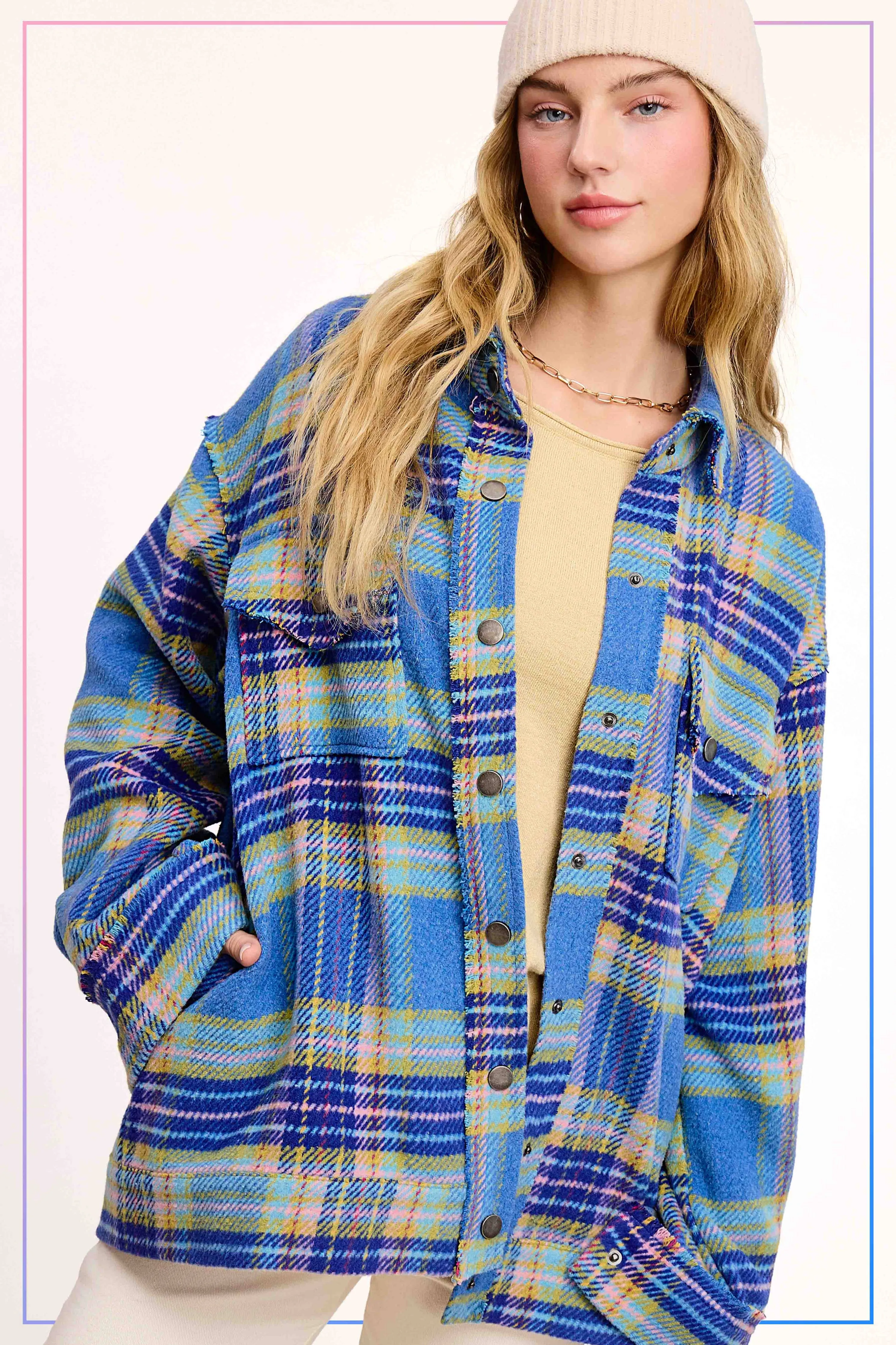 Loose Fit Plaid Button Down Shacket with Pockets