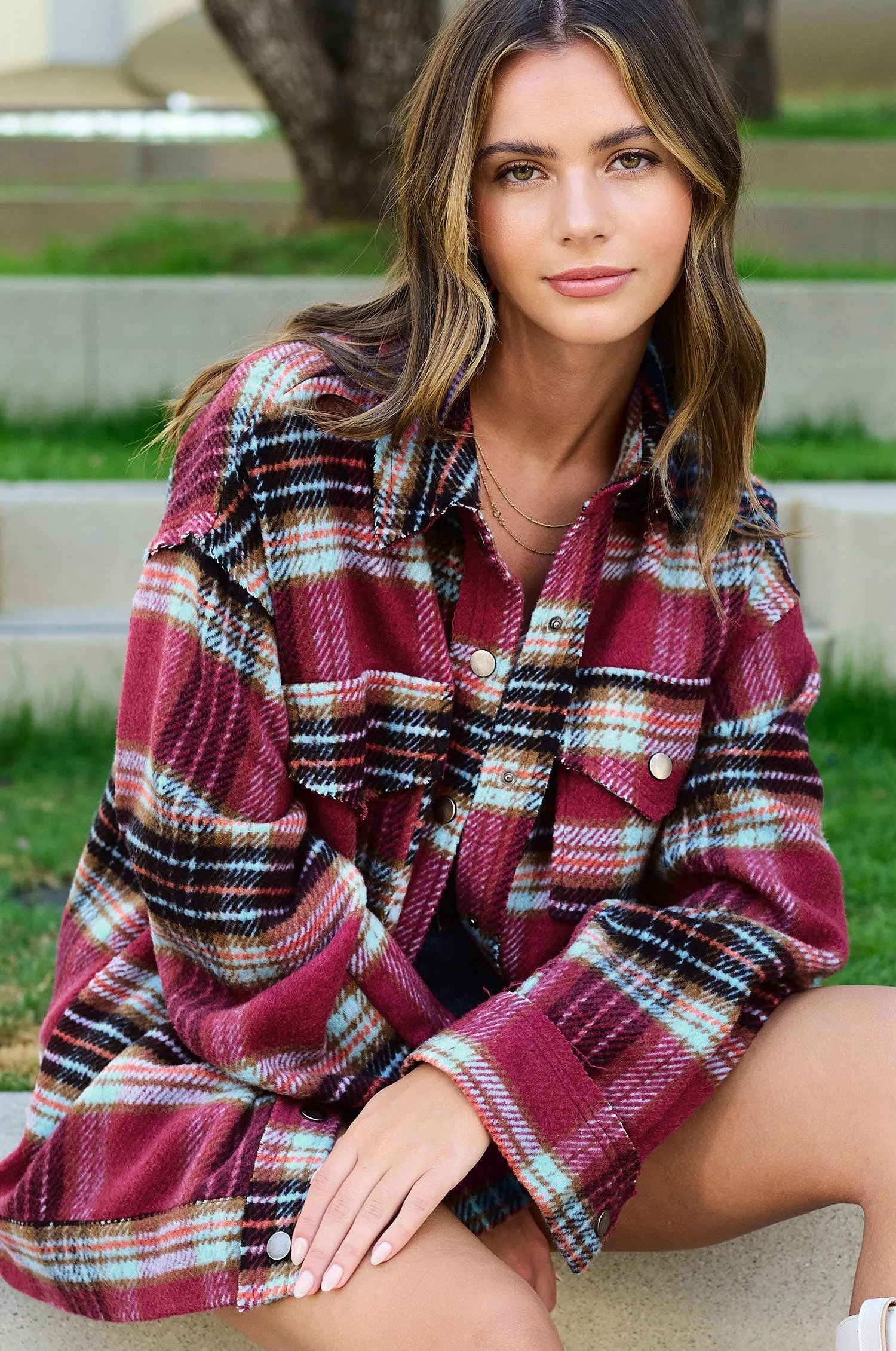 Loose Fit Plaid Button Down Shacket with Pockets
