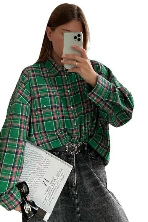 Loose Plaid Jacket Lapel Long-Sleeved Shirt