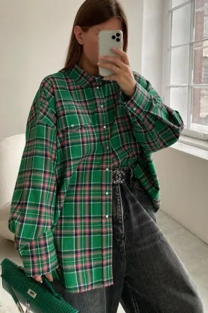 Loose Plaid Jacket Lapel Long-Sleeved Shirt