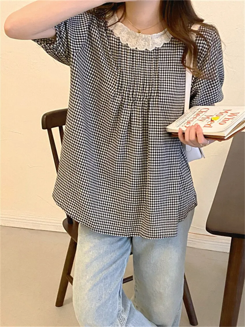 Loose Puff Sleeve Retro Plaid Shirt