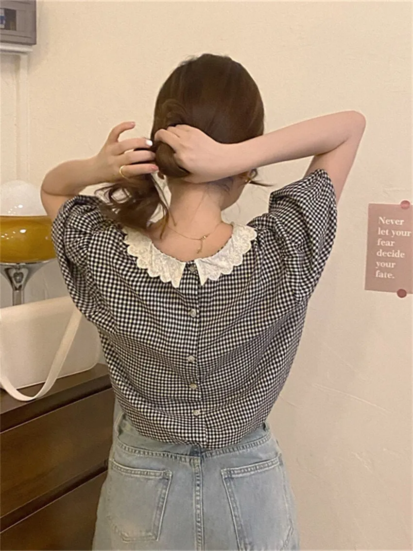 Loose Puff Sleeve Retro Plaid Shirt