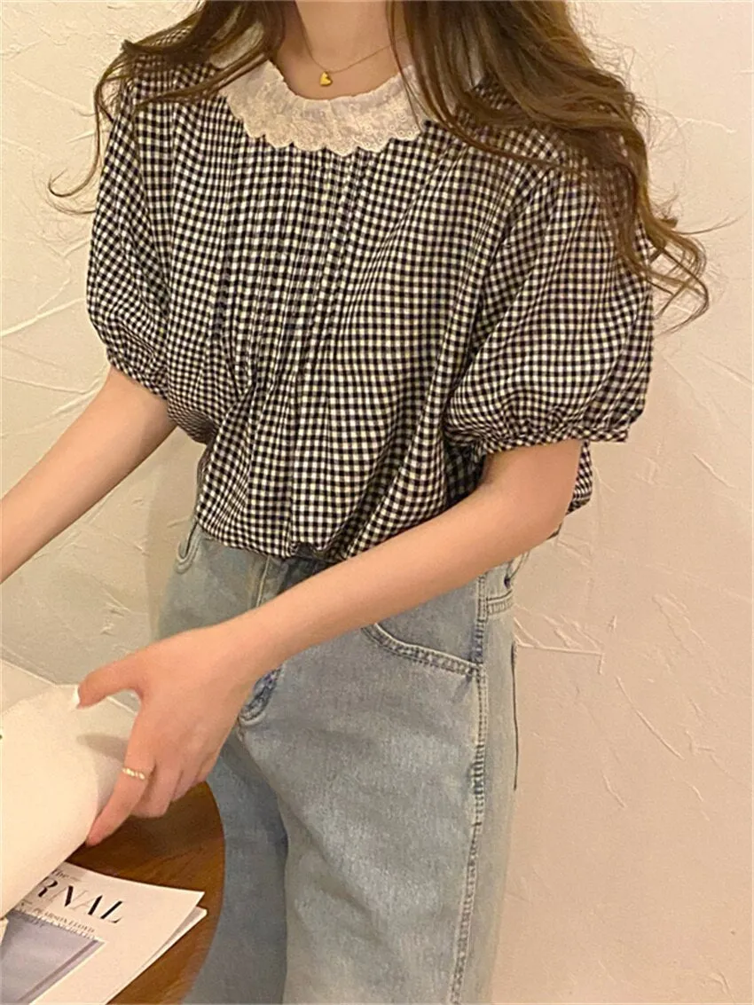 Loose Puff Sleeve Retro Plaid Shirt