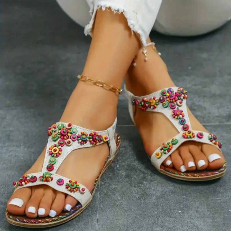 Lucyever Beaded Flowers Flat Heeled Sandals Women Summer 2023 Plus Size Open Toe Bohemian Sandals Woman Elastic Strap Rome Shoes