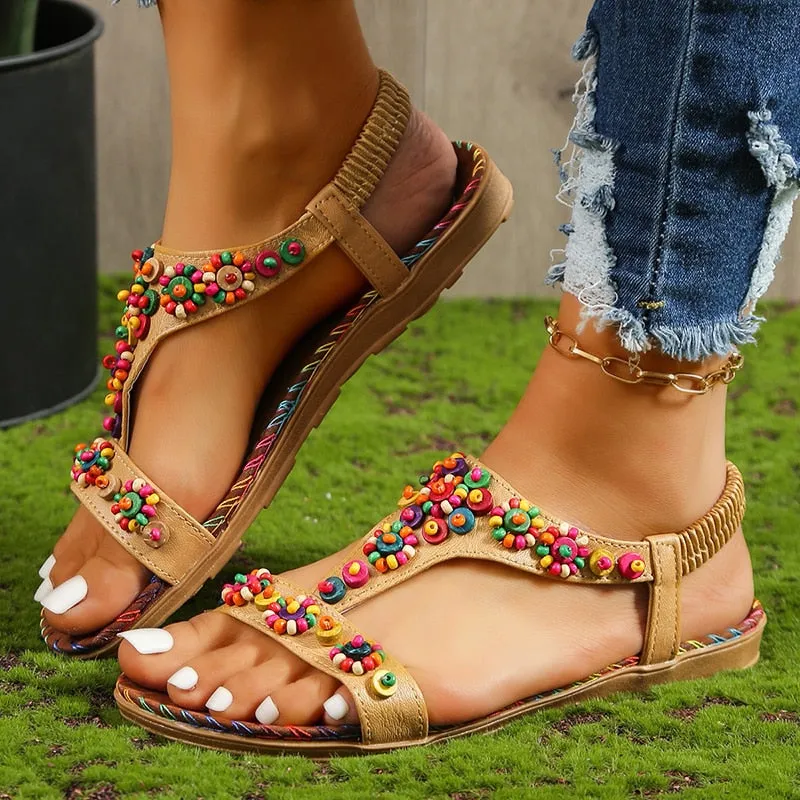 Lucyever Beaded Flowers Flat Heeled Sandals Women Summer 2023 Plus Size Open Toe Bohemian Sandals Woman Elastic Strap Rome Shoes