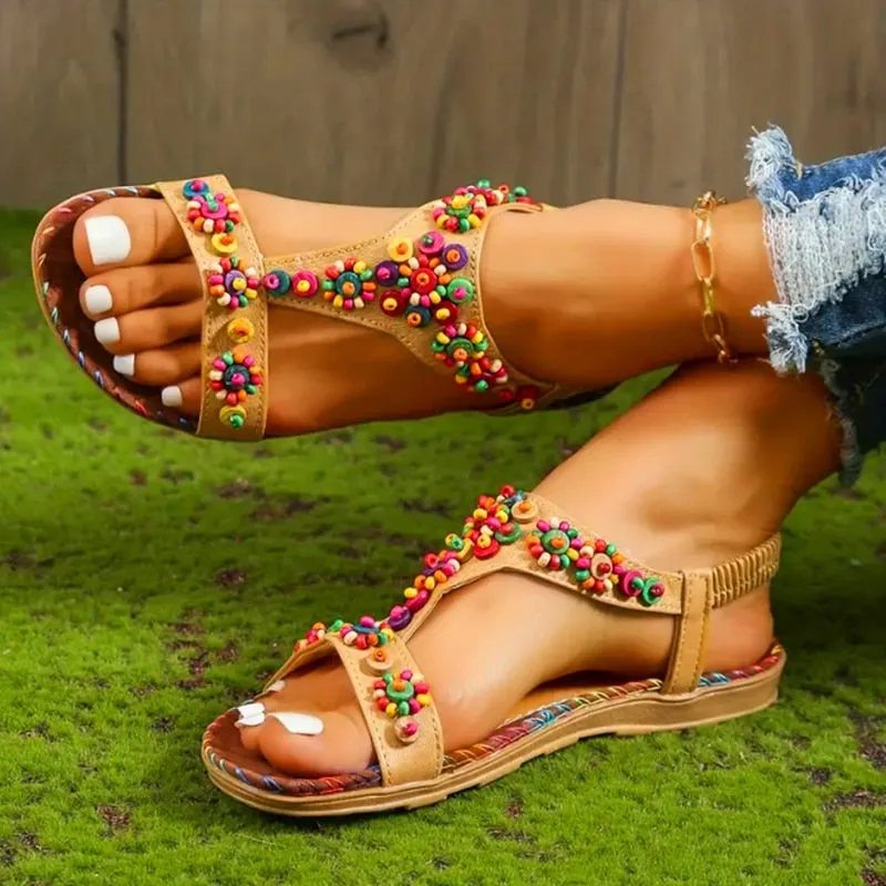 Lucyever Beaded Flowers Flat Heeled Sandals Women Summer 2023 Plus Size Open Toe Bohemian Sandals Woman Elastic Strap Rome Shoes