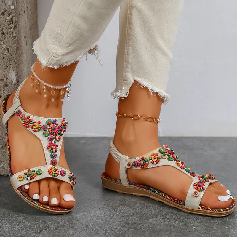 Lucyever Beaded Flowers Flat Heeled Sandals Women Summer 2023 Plus Size Open Toe Bohemian Sandals Woman Elastic Strap Rome Shoes
