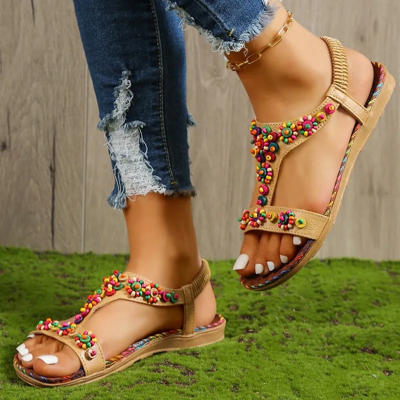Lucyever Beaded Flowers Flat Heeled Sandals Women Summer 2023 Plus Size Open Toe Bohemian Sandals Woman Elastic Strap Rome Shoes