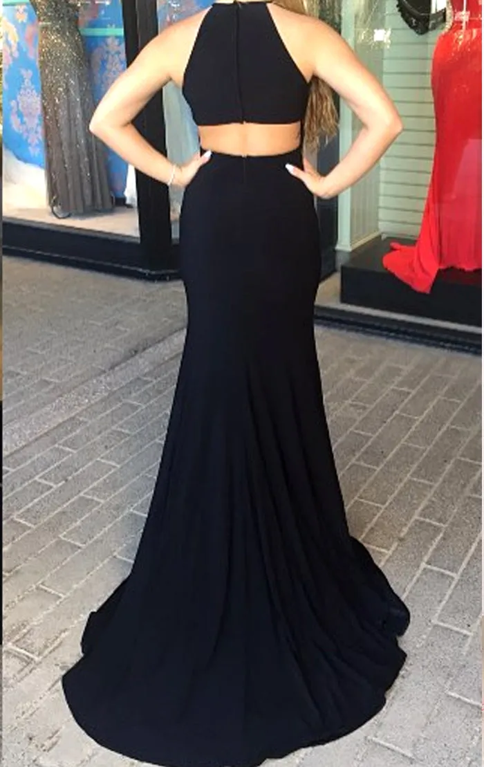 MACloth Halter Mermaid Black Prom Dress Jersey Formal Evening Gown