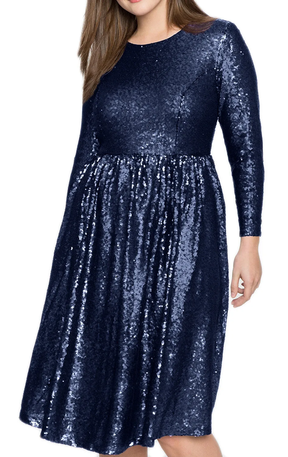 MACloth Long Sleeves Sequin Midi Cocktail Party Dress Dark Navy Formal Gown