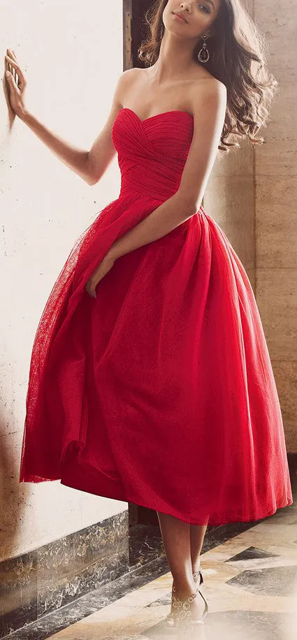 MACloth Strapless Sweetheart Midi Red Cocktail Dress Vintage Tulle Formal Gown