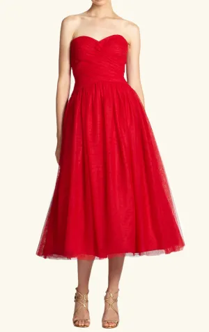 MACloth Strapless Sweetheart Midi Red Cocktail Dress Vintage Tulle Formal Gown