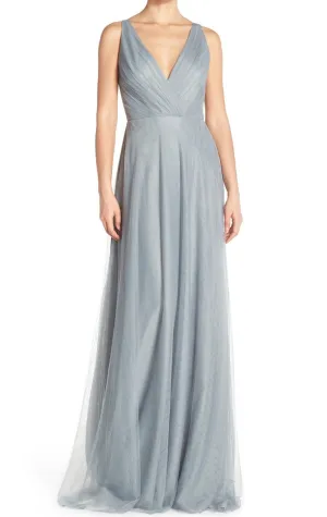 MACLoth Straps V Neck Tulle Long Bridesmaid Dress Simple Silver Prom Gown
