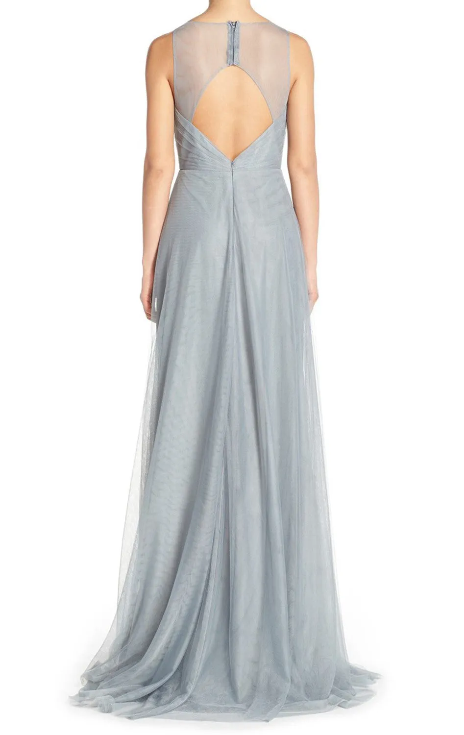 MACLoth Straps V Neck Tulle Long Bridesmaid Dress Simple Silver Prom Gown
