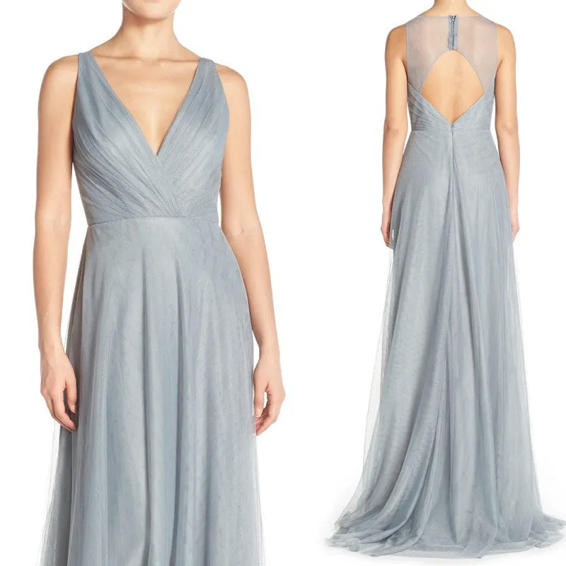 MACLoth Straps V Neck Tulle Long Bridesmaid Dress Simple Silver Prom Gown