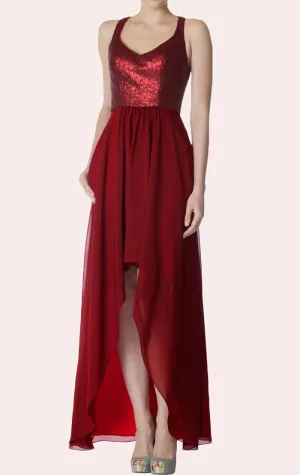 MACloth V Neck Sequin Chiffon High Low Bridesmaid Dress Burgundy Cocktail Formal Gown