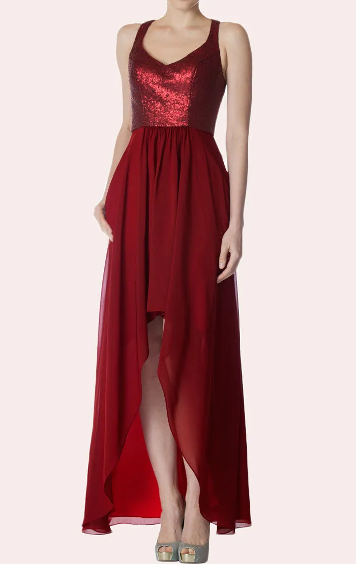 MACloth V Neck Sequin Chiffon High Low Bridesmaid Dress Burgundy Cocktail Formal Gown
