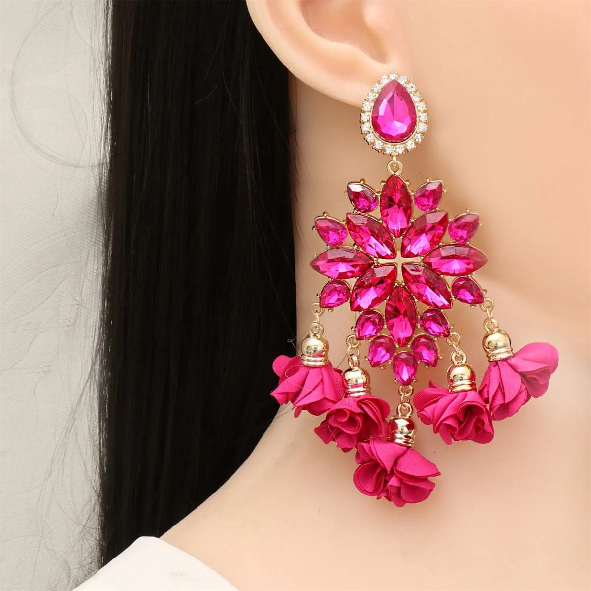 Magenta Crystal & Cubic Zirconia Silk 18K Gold-Plated Flower Tassel Drop Earrings