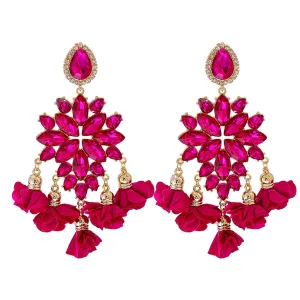 Magenta Crystal & Cubic Zirconia Silk 18K Gold-Plated Flower Tassel Drop Earrings