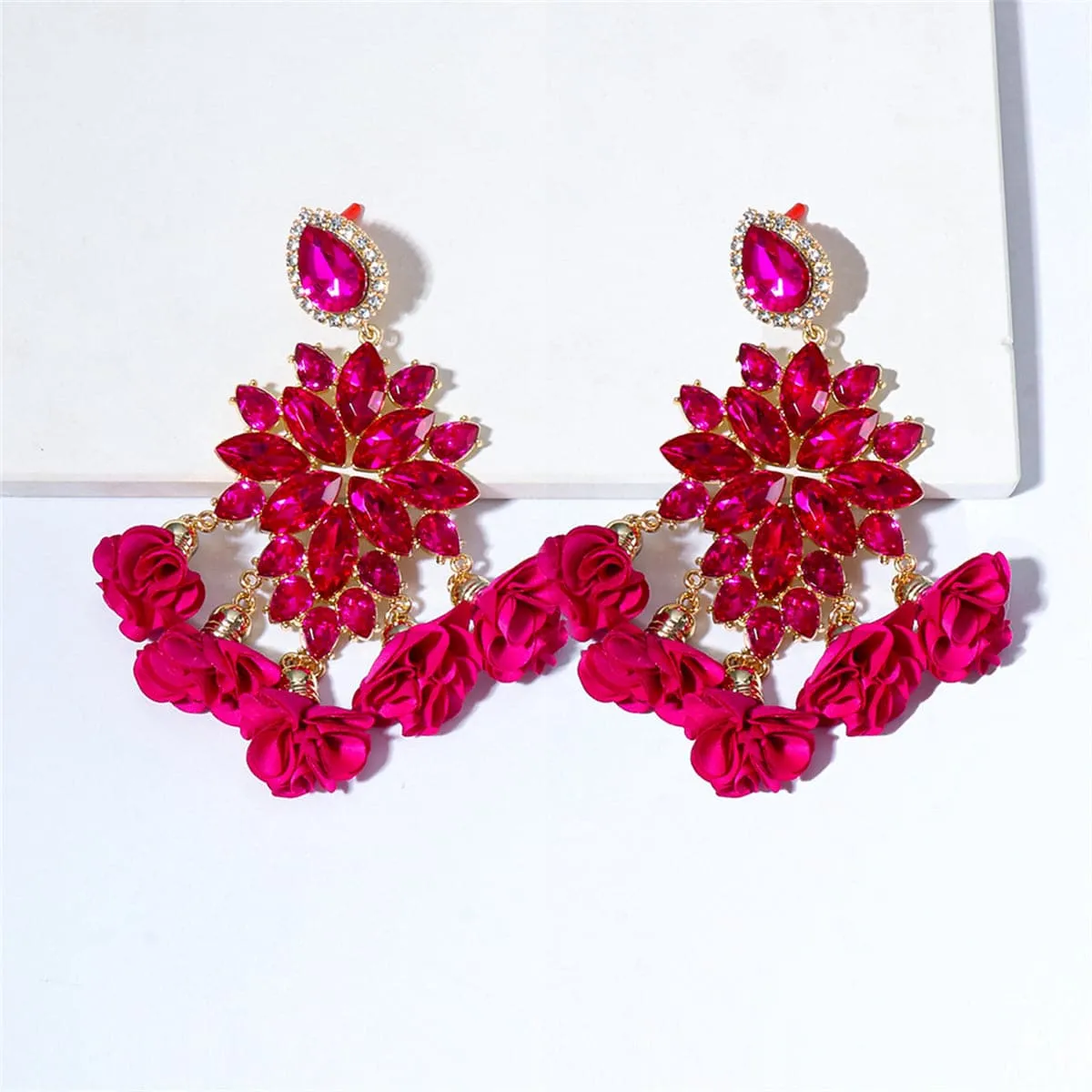 Magenta Crystal & Cubic Zirconia Silk 18K Gold-Plated Flower Tassel Drop Earrings