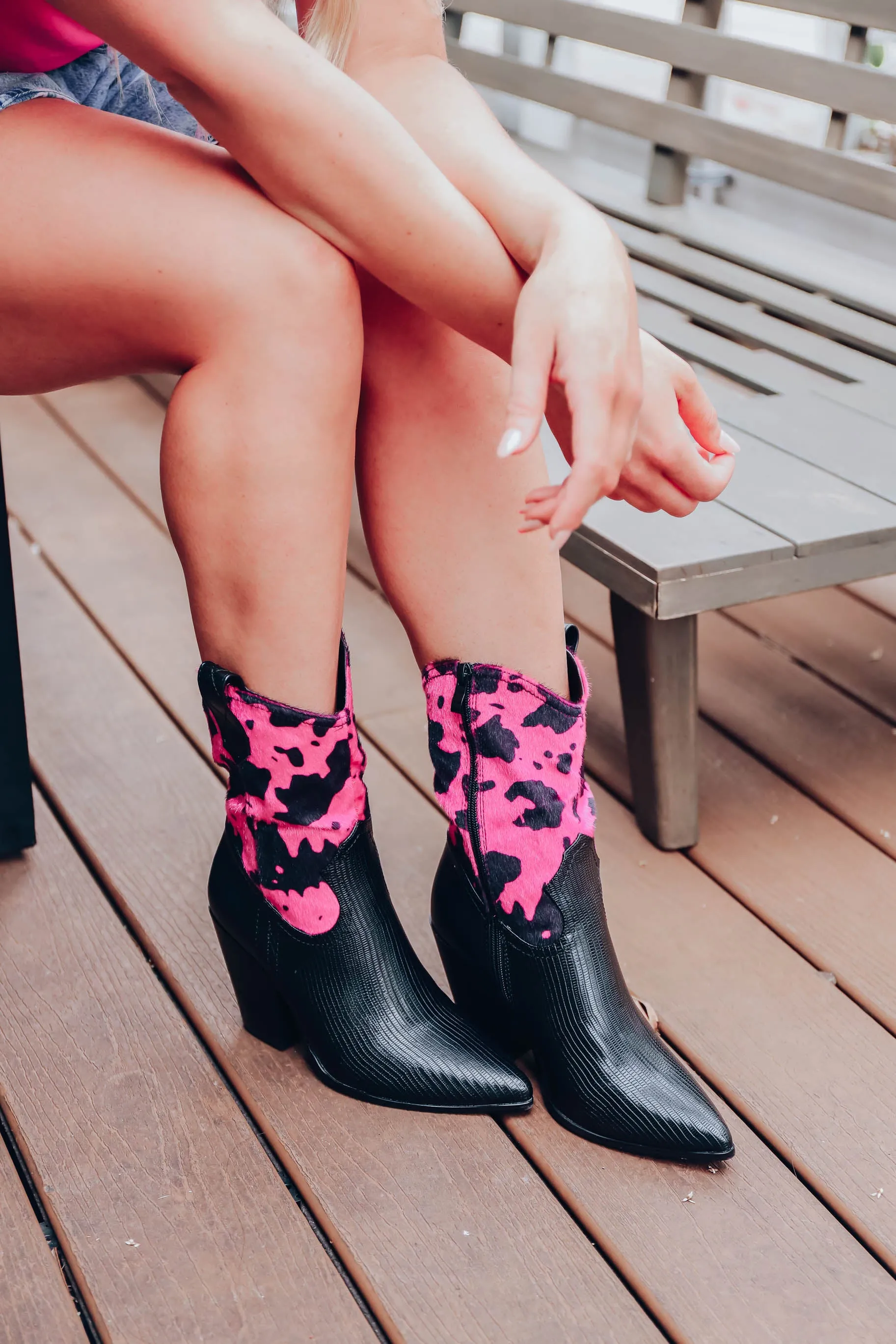 Magnolia Cow Print Boots - Hot Pink/Black