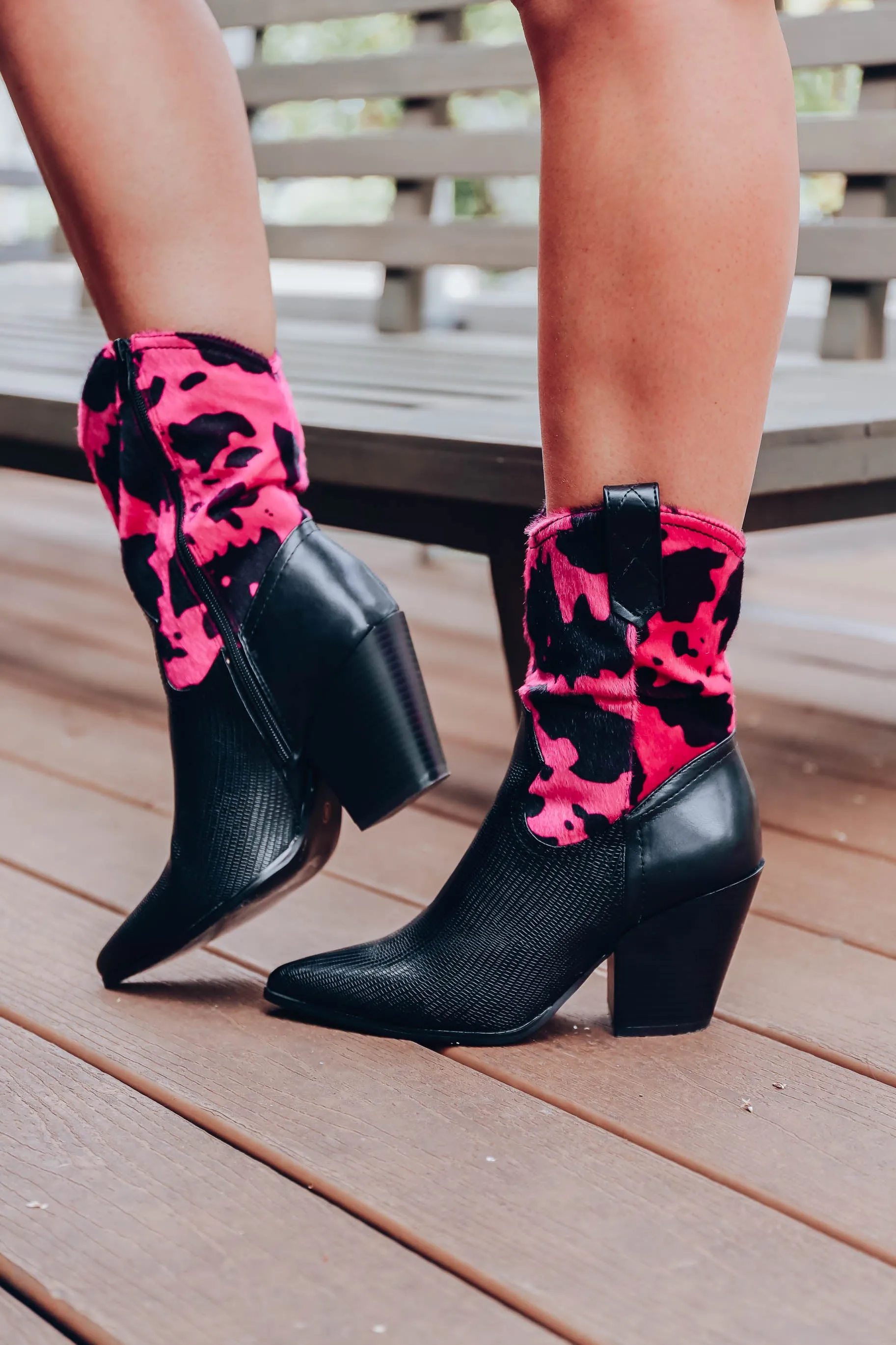 Magnolia Cow Print Boots - Hot Pink/Black