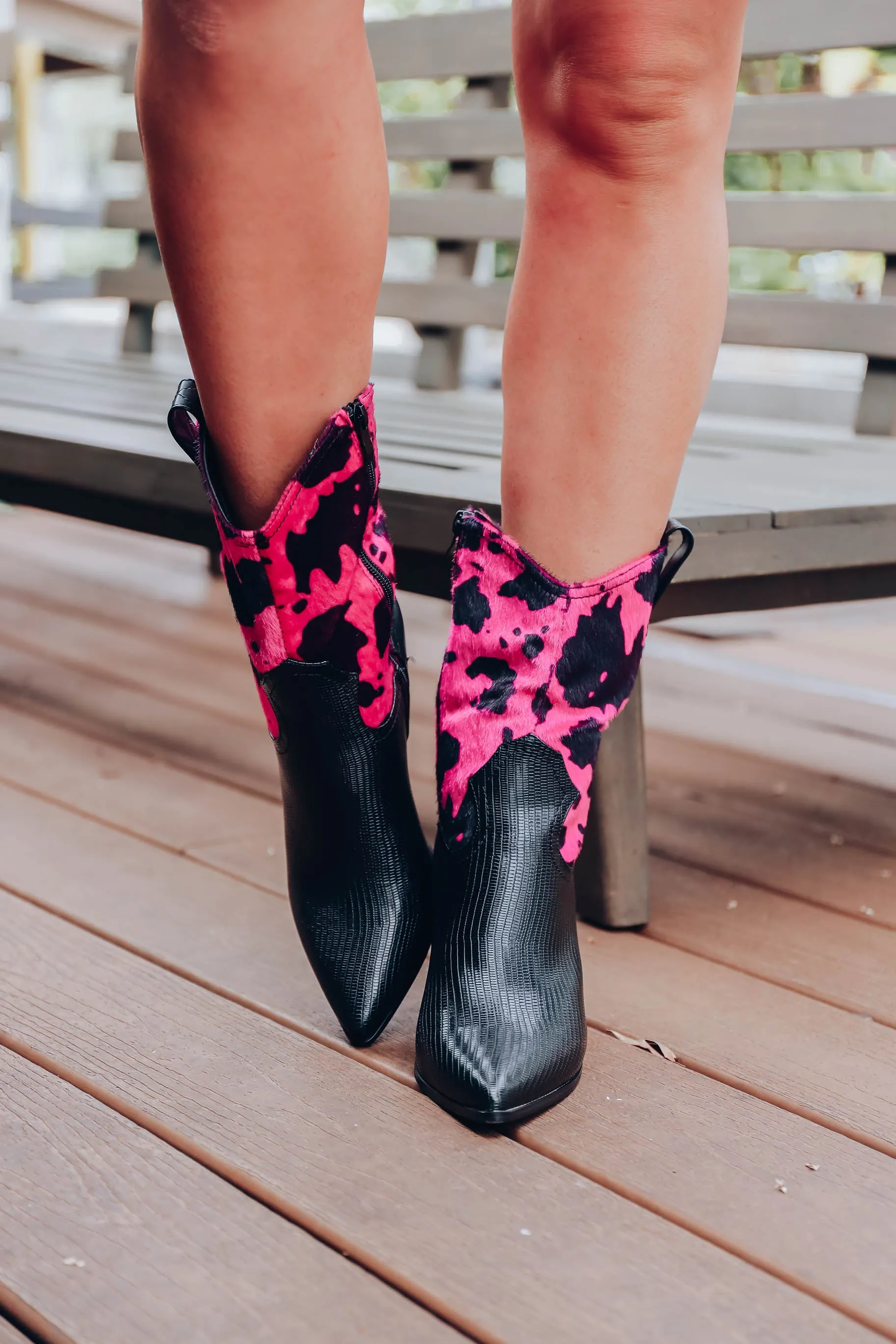 Magnolia Cow Print Boots - Hot Pink/Black