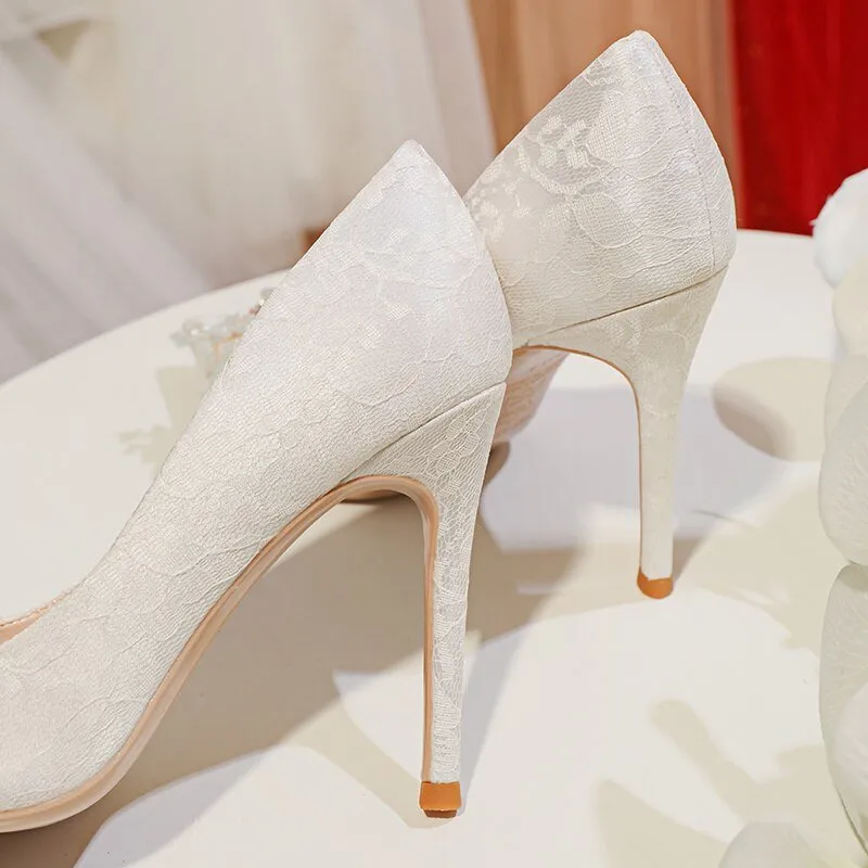 Main White Dress Bridal Rhinestone Single Shoes Thin Heel