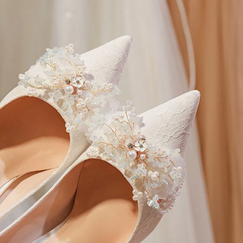 Main White Dress Bridal Rhinestone Single Shoes Thin Heel