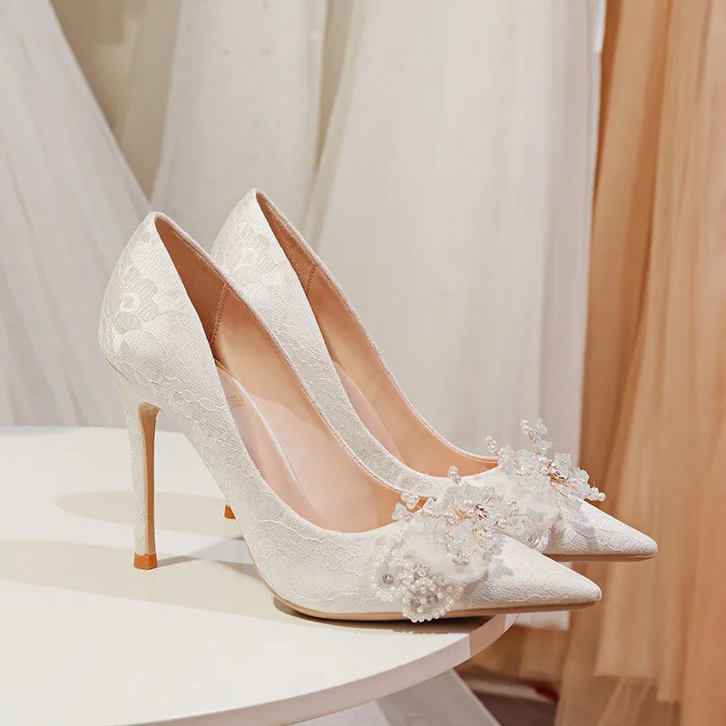 Main White Dress Bridal Rhinestone Single Shoes Thin Heel