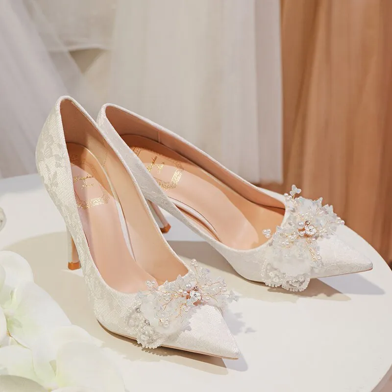 Main White Dress Bridal Rhinestone Single Shoes Thin Heel